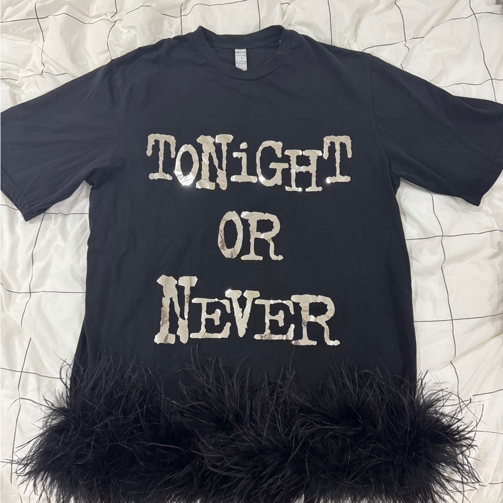 Black Graphic T-Shirt with Feather Trim